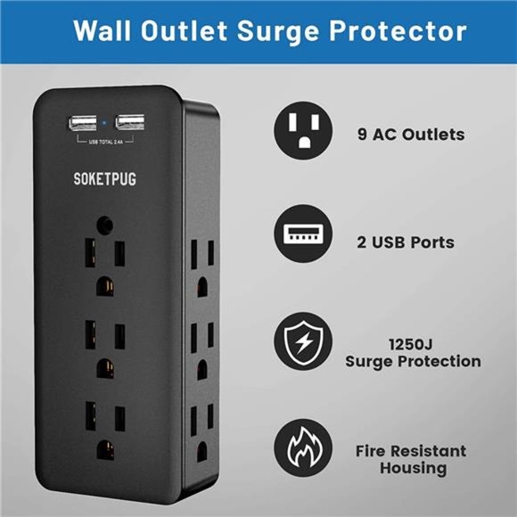 Surge Protector,Outlet Extender with 9 Outlets,Multi Plug Outlet with 2USB Ports - Picture 3 of 6